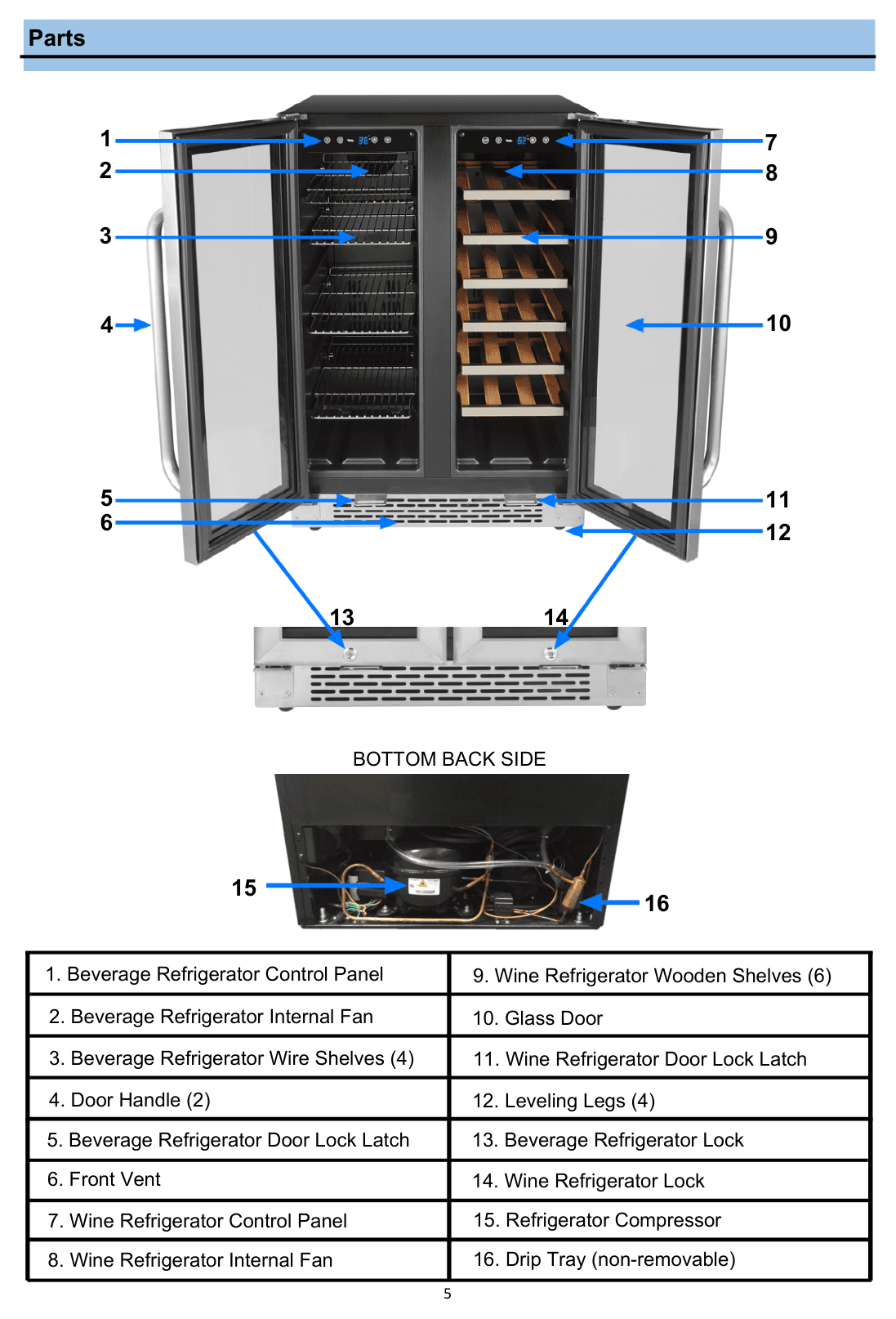 Parts diagram for the Whynter BWB-2060FDS, from the owner's manual