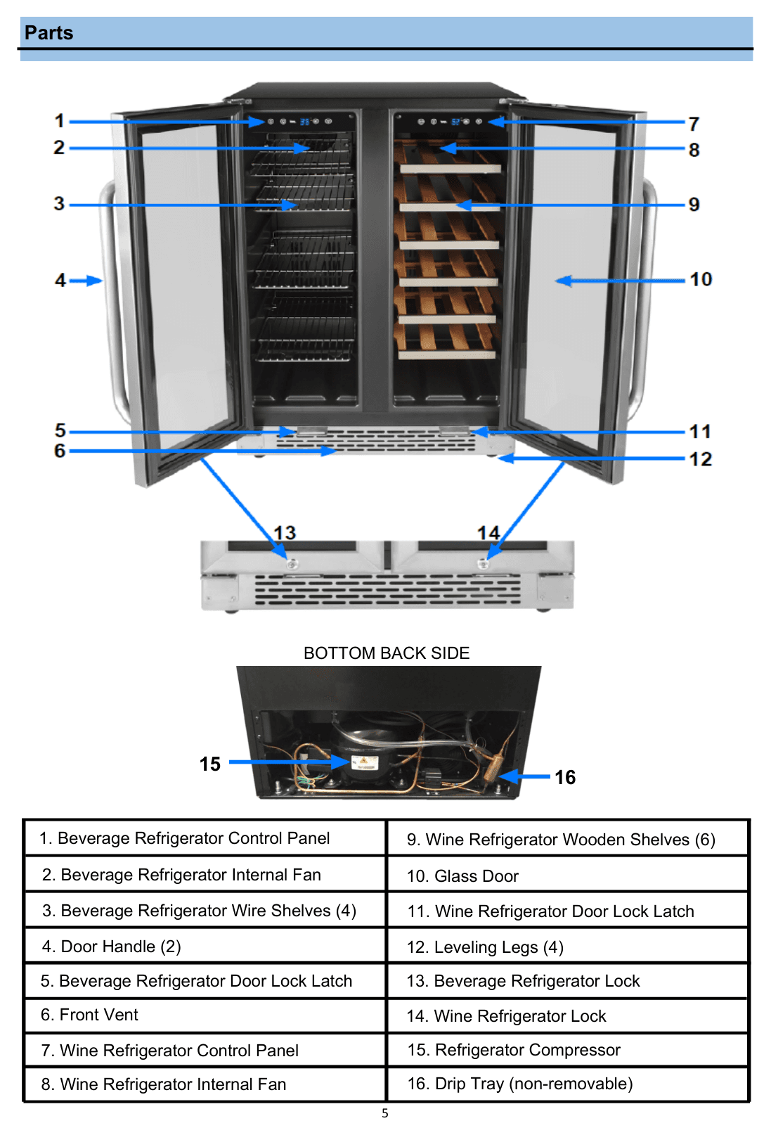 Parts diagram for the Whynter BWB-3388FDS, from the owner's manual