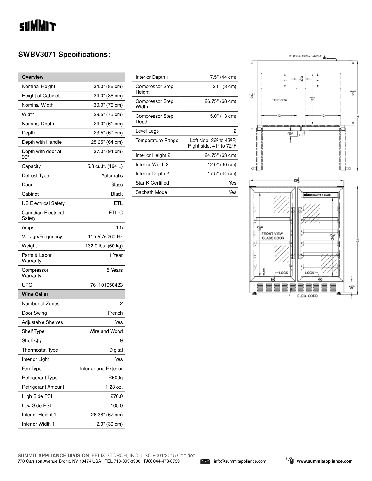 Dimension drawing for the Summit Appliance SWBV3071, from the spec sheet