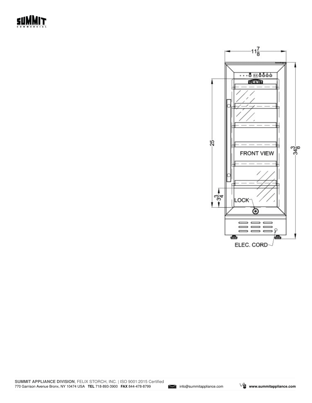 Dimension drawing for the Summit Appliance SCR1225B, from the manufacturer document