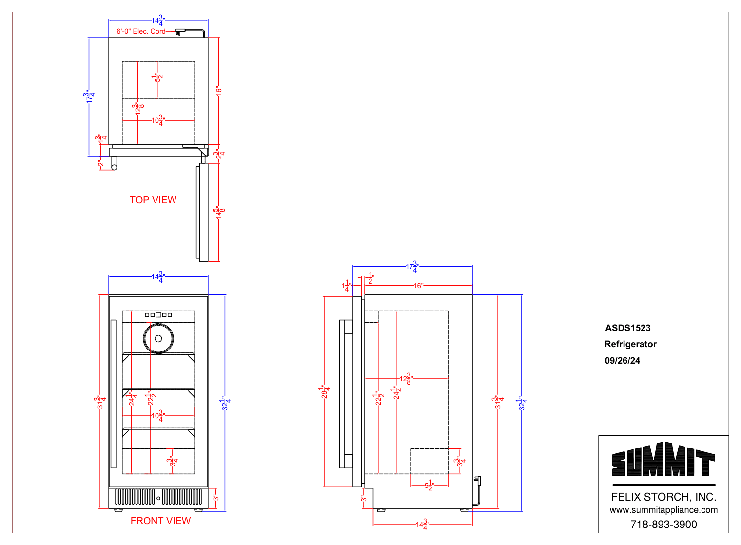 Dimension drawing for the Summit Appliance ASDS1523, from the owner's manual