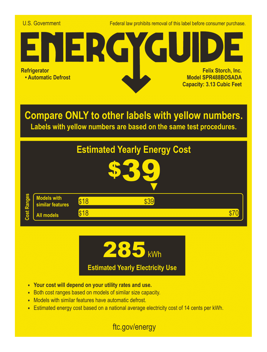 EnergyGuide label for the Summit Appliance SPR488BOSADA, from the manufacturer document