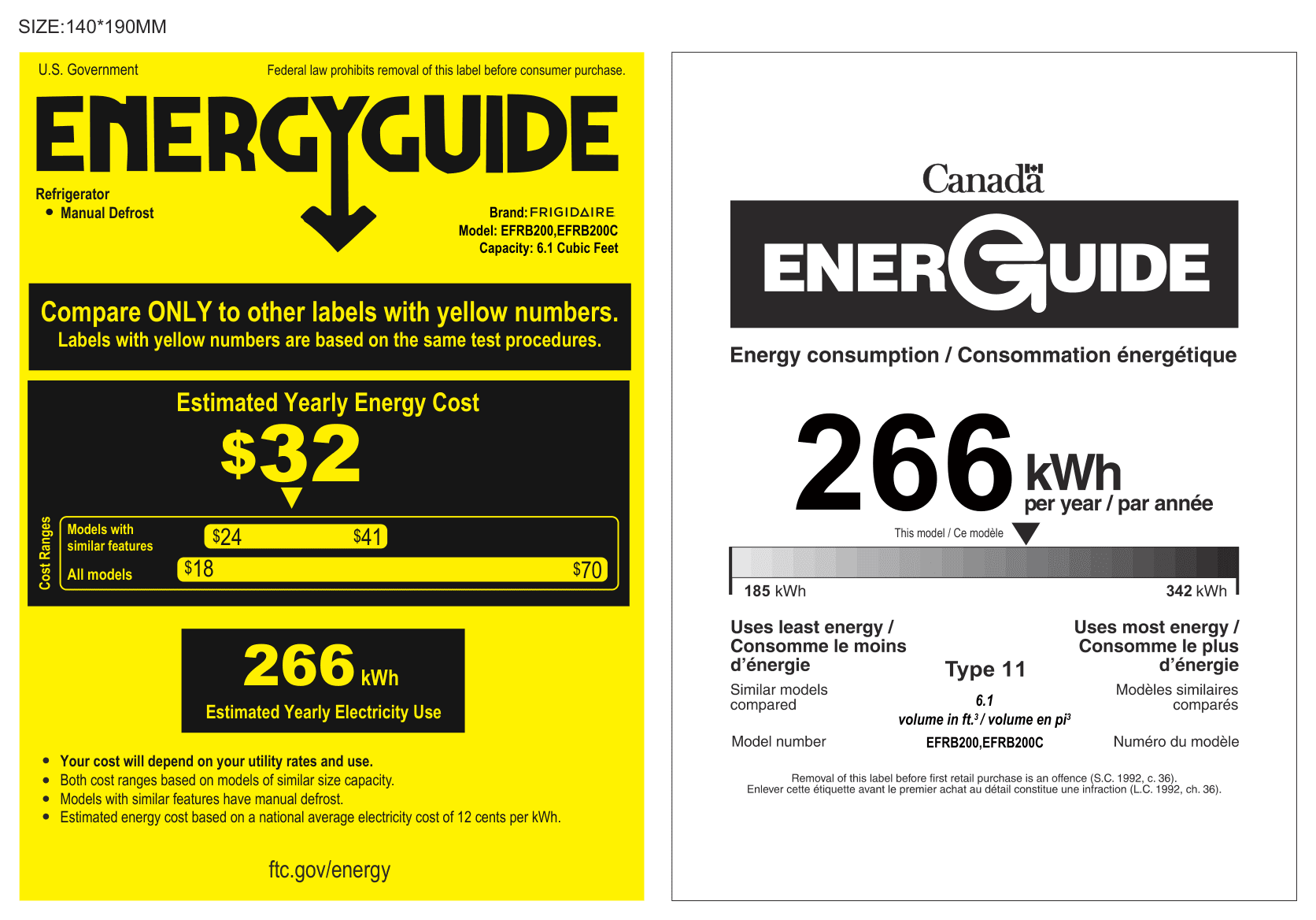 EnergyGuide label for the Frigidaire EFRB200, from the owner's manual