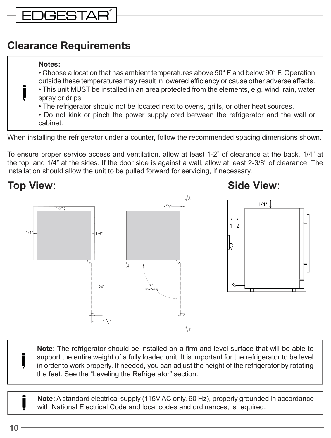 Installation diagram for the EdgeStar CWR1553DD, from the owner's manual