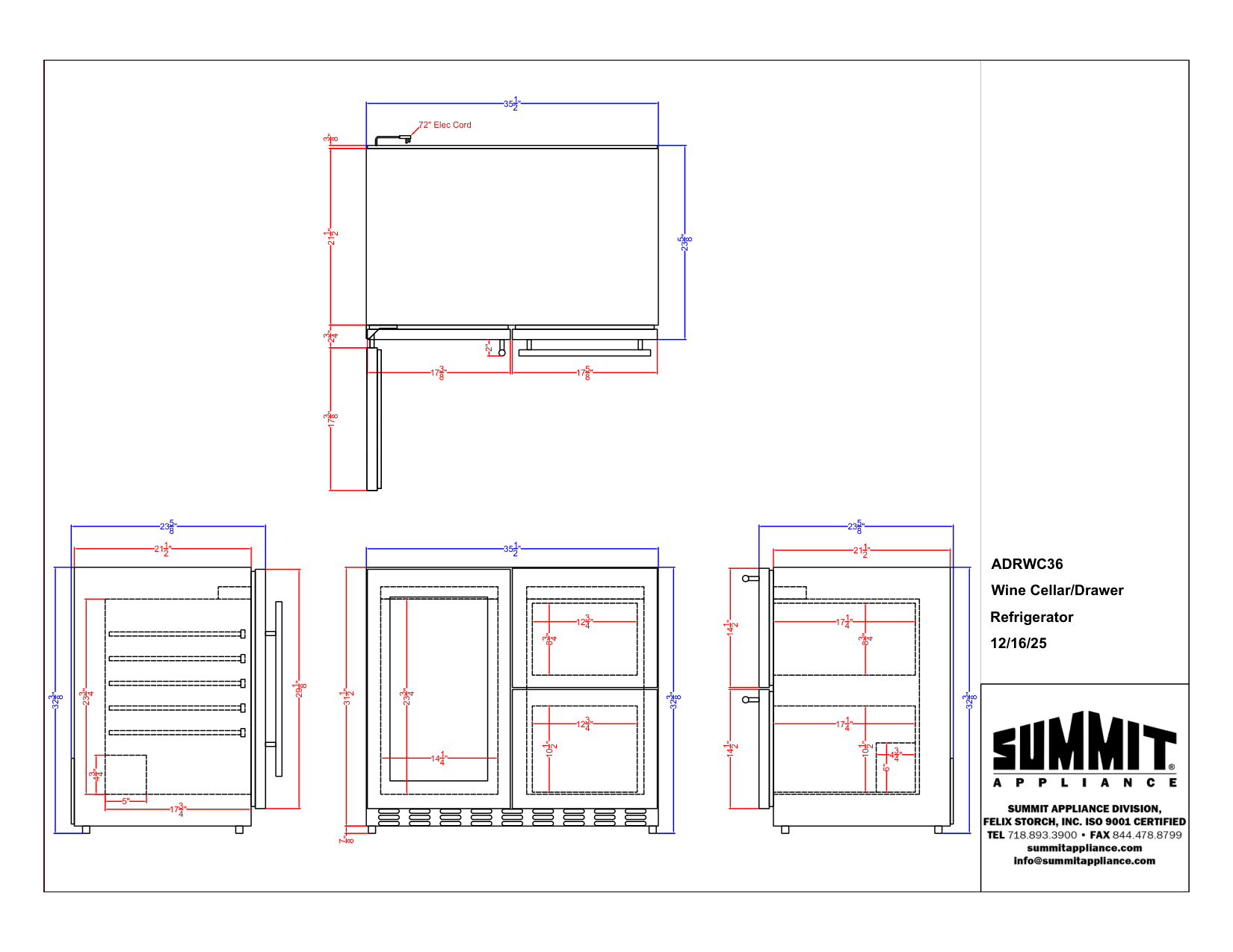 Dimension drawing for the Summit Appliance ADRWC36, from the manufacturer document