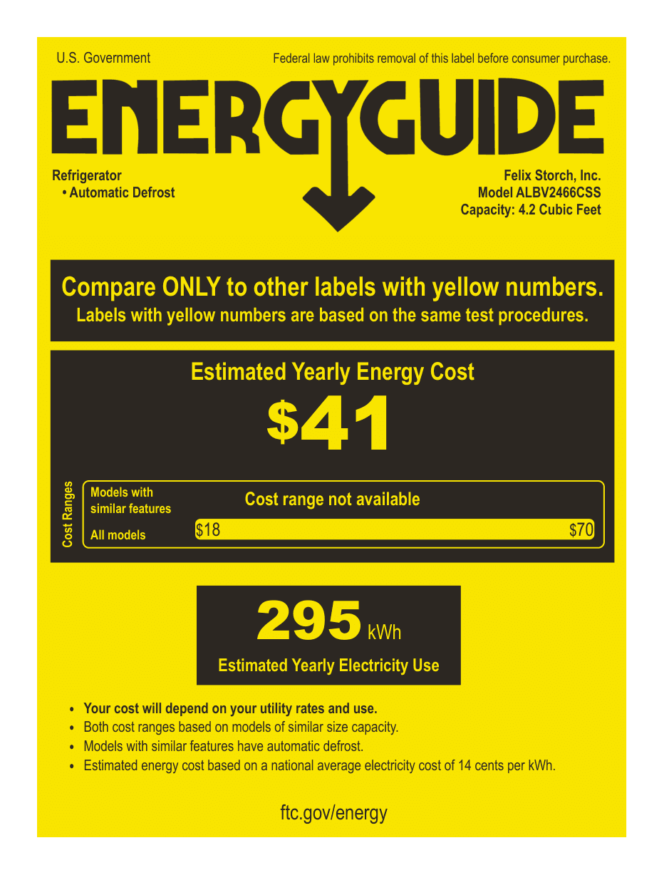 EnergyGuide label for the Summit Appliance ALBV2466CSS, from the manufacturer document