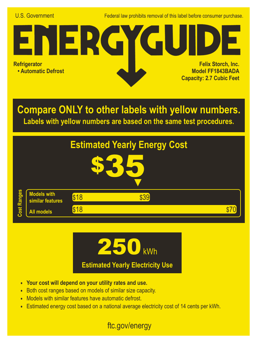 EnergyGuide label for the Summit Appliance FF1843BADA, from the owner's manual