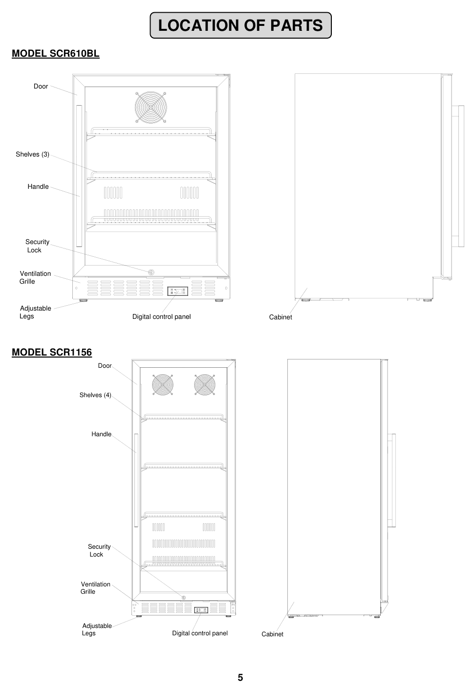 Parts diagram for the Summit Appliance SCR1156, from the owner's manual