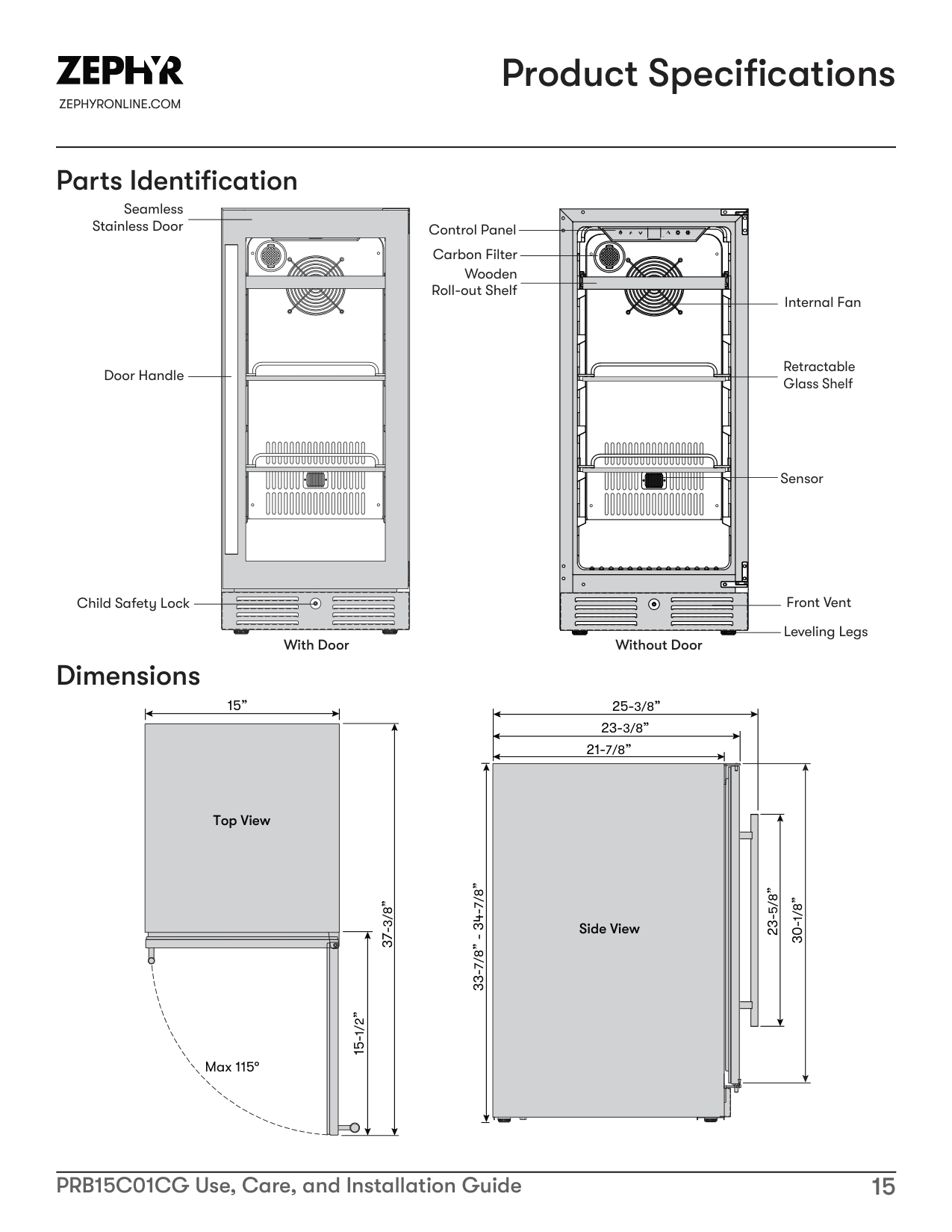 Dimension drawing for the Zephyr PRB15C01CG, from the manufacturer document