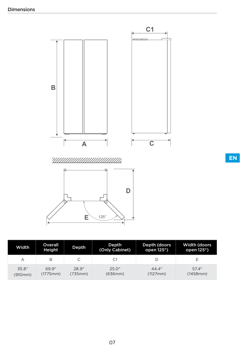 Dimension drawing for the Midea MRS25I7BST, from the spec sheet