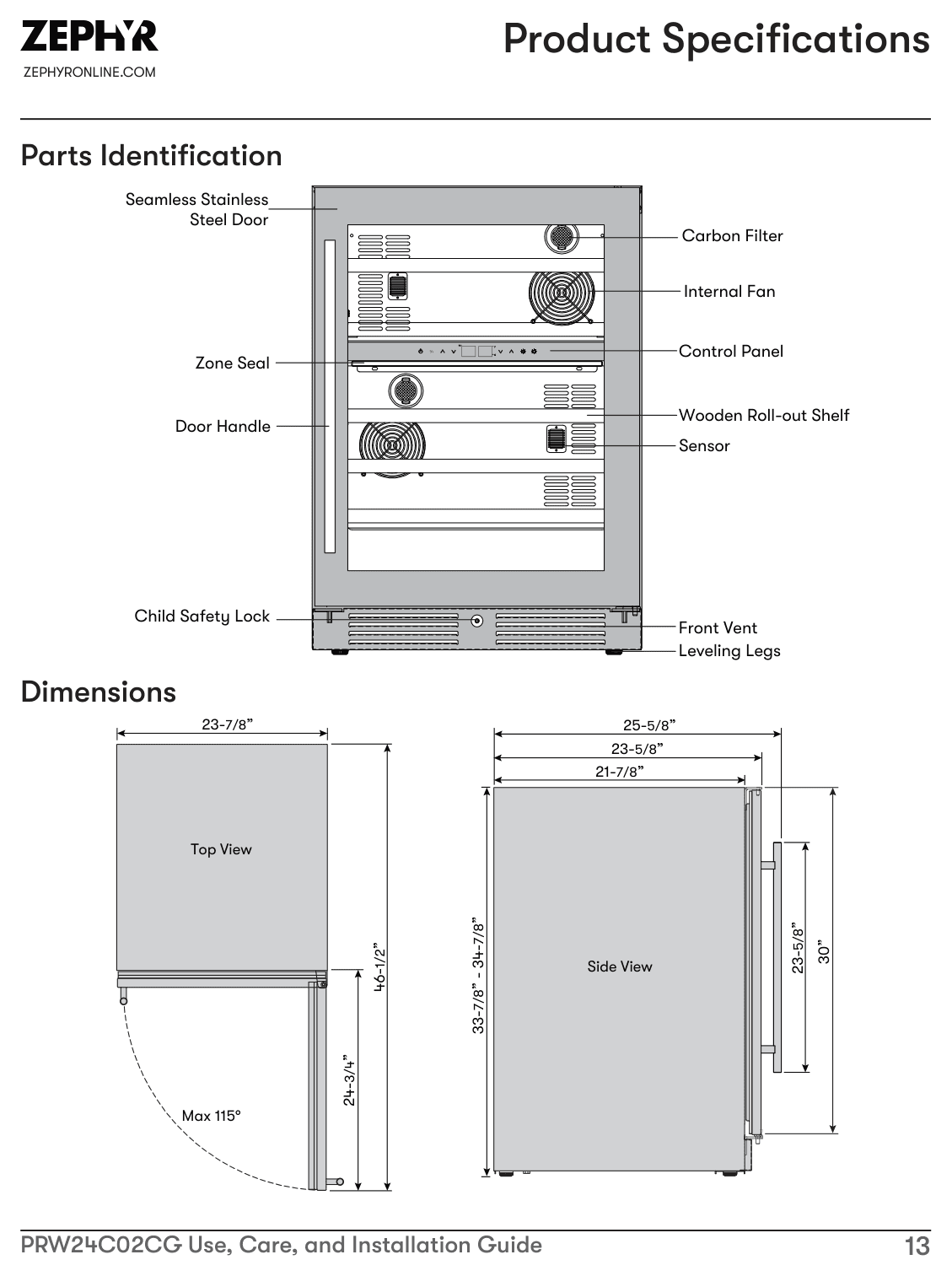 Dimension drawing for the Zephyr PRW24C02CG, from the installation instructions