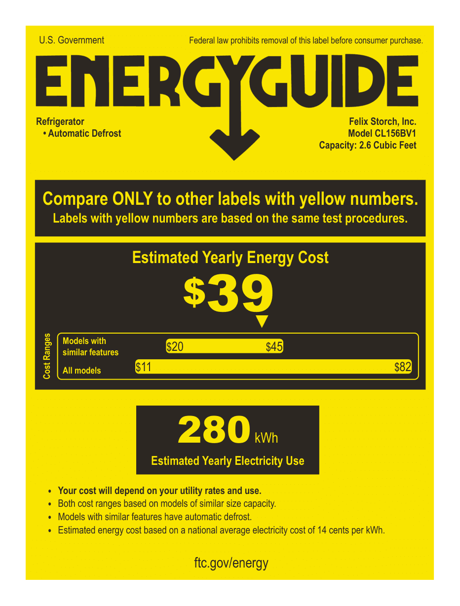 EnergyGuide label for the Summit Appliance CL156BV1, from the manufacturer document
