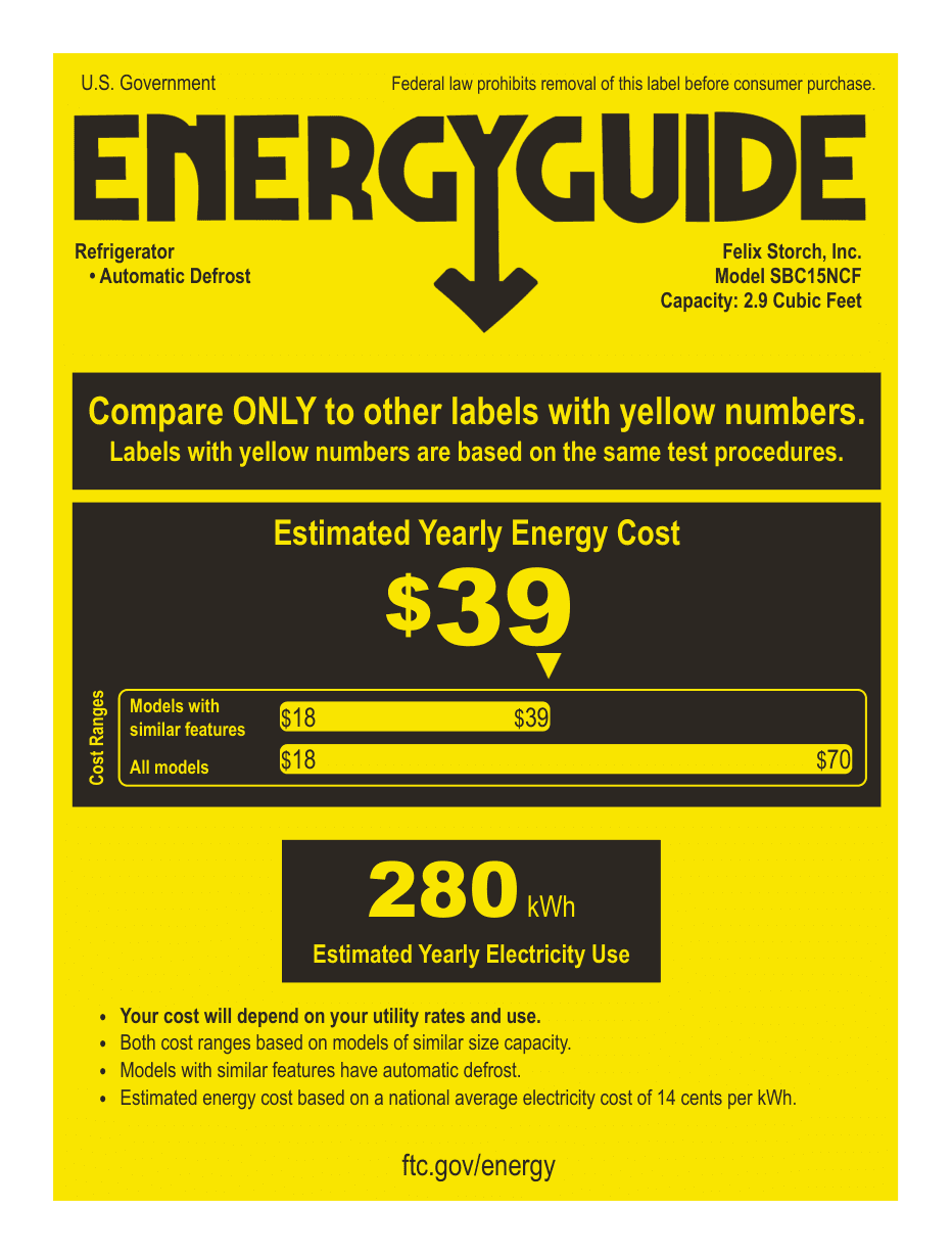 EnergyGuide label for the Summit Appliance SBC15NCF, from the manufacturer document