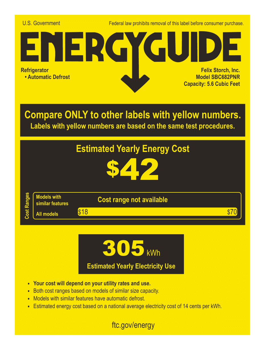 EnergyGuide label for the Summit Appliance SBC682PNR, from the manufacturer document