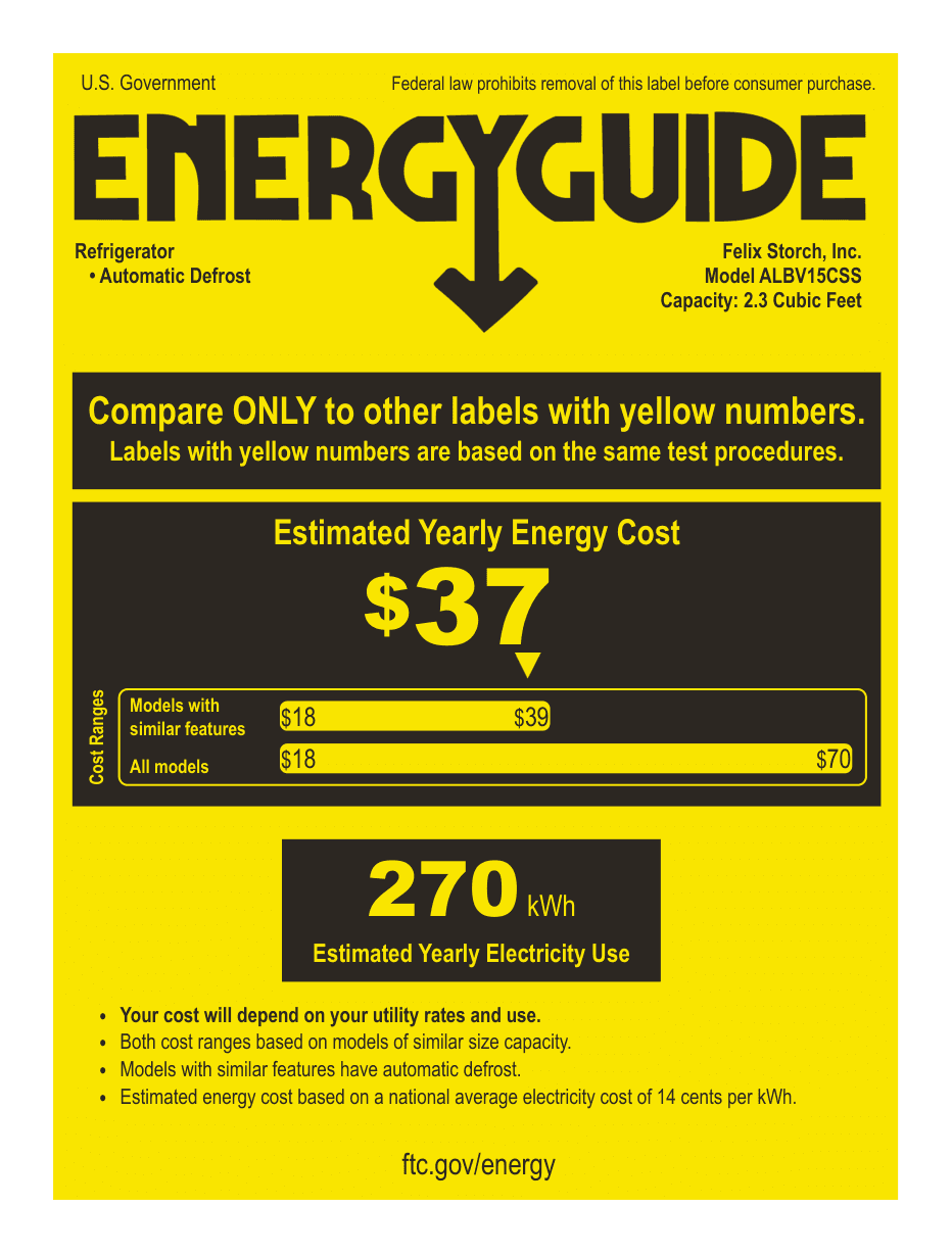 EnergyGuide label for the Summit Appliance ALBV15CSS, from the manufacturer document