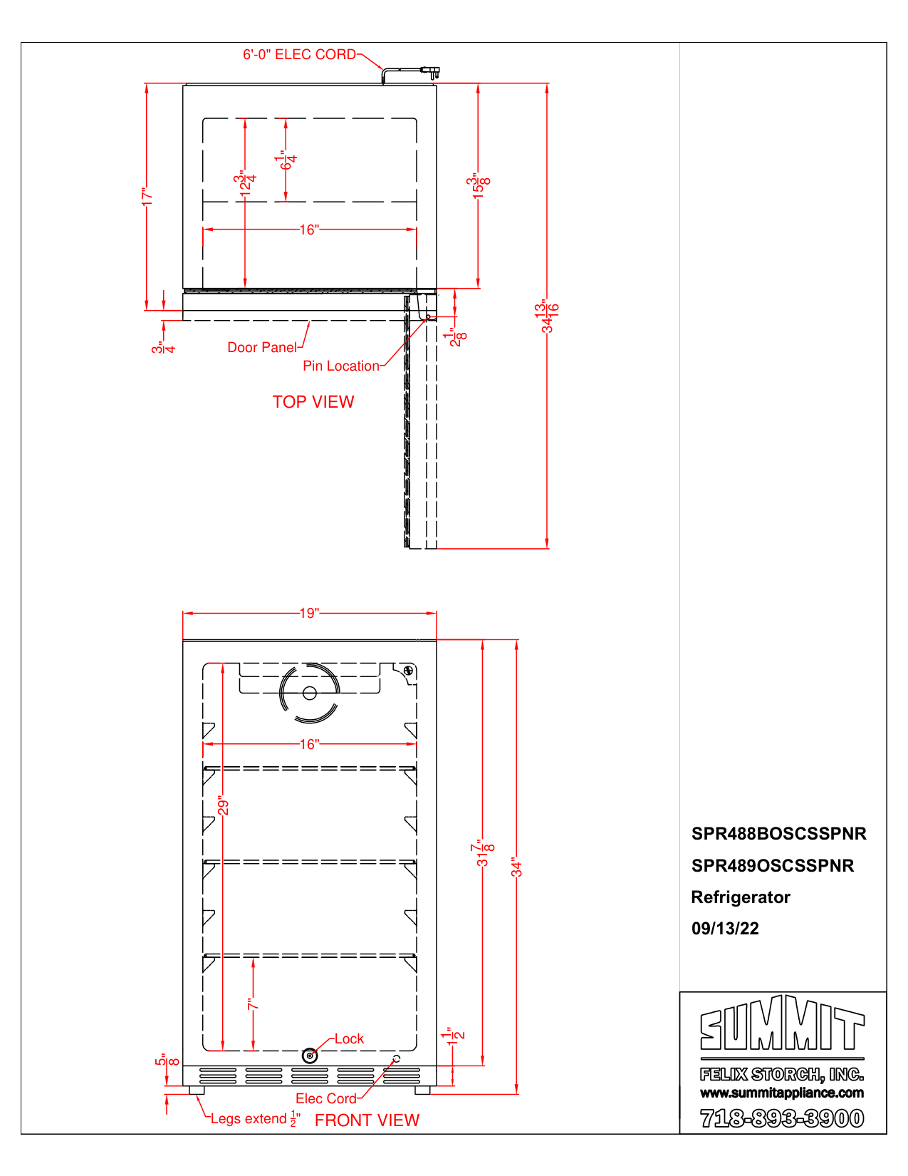 Dimension drawing for the Summit Appliance SPR488BOSCSSPNR, from the manufacturer document