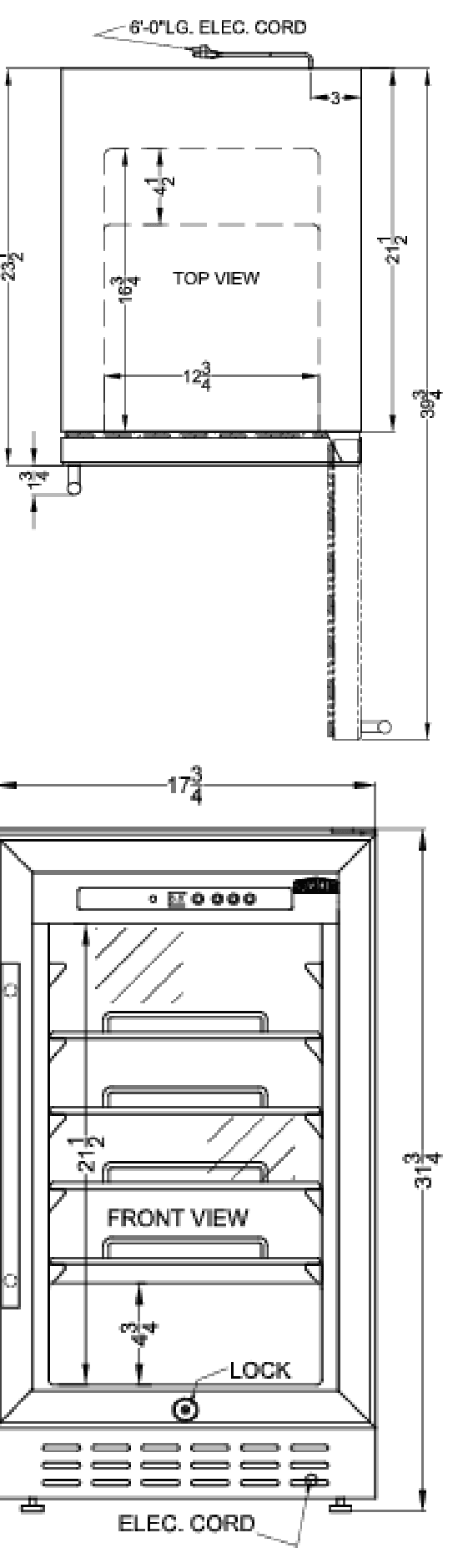 Dimension drawing for the Summit Appliance SCR1841BADA, from the installation instructions