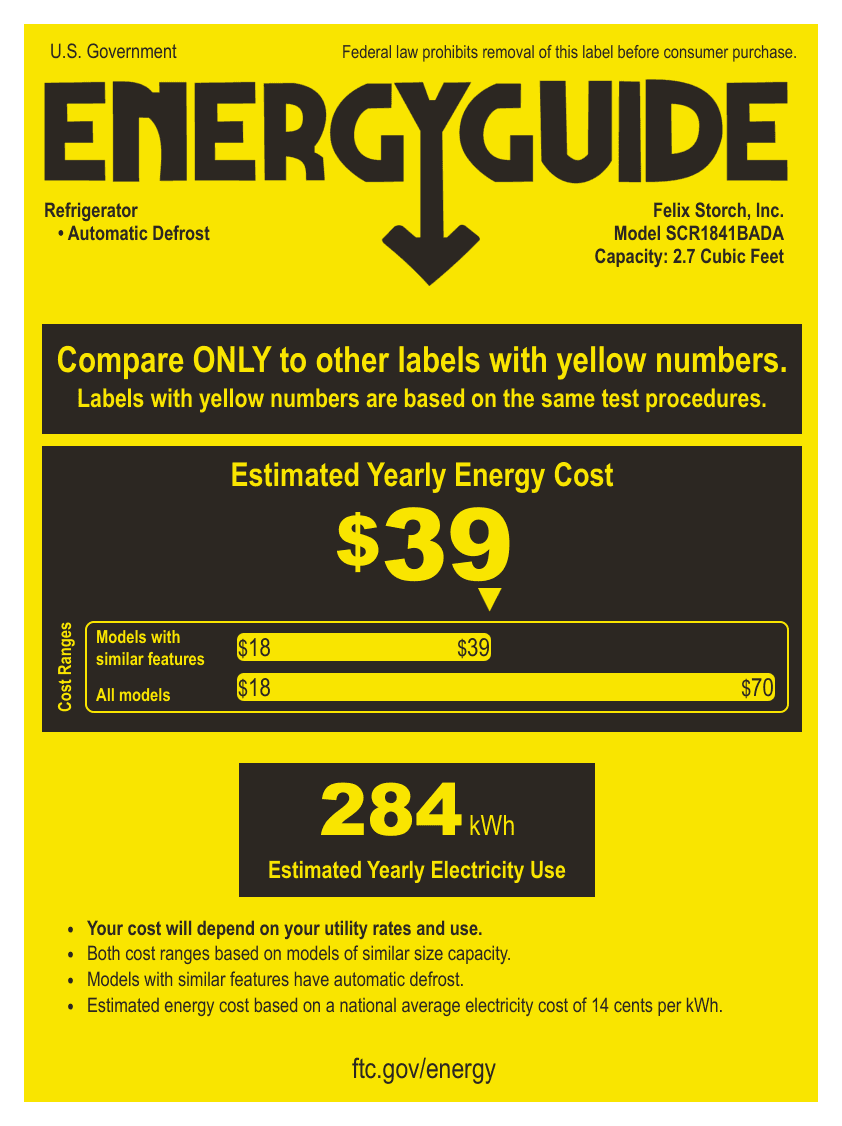 EnergyGuide label for the Summit Appliance SCR1841BADA, from the owner's manual