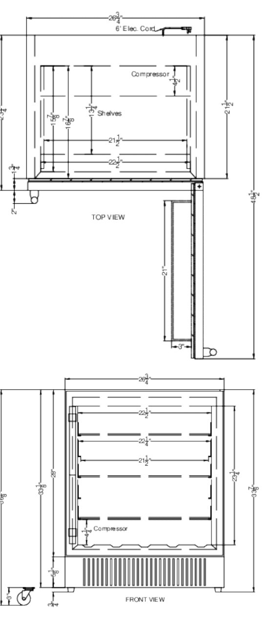 Dimension drawing for the Summit Appliance FF27BCSS, from the owner's manual