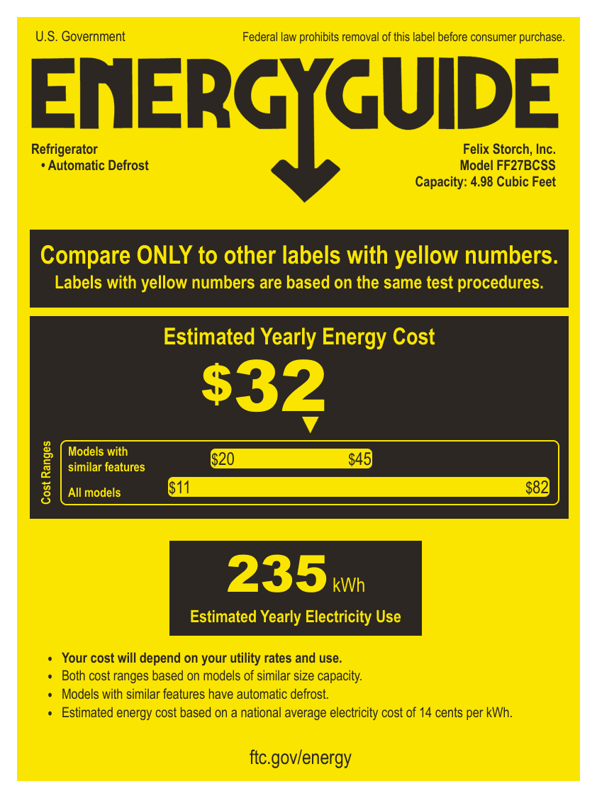 EnergyGuide label for the Summit Appliance FF27BCSS, from the owner's manual