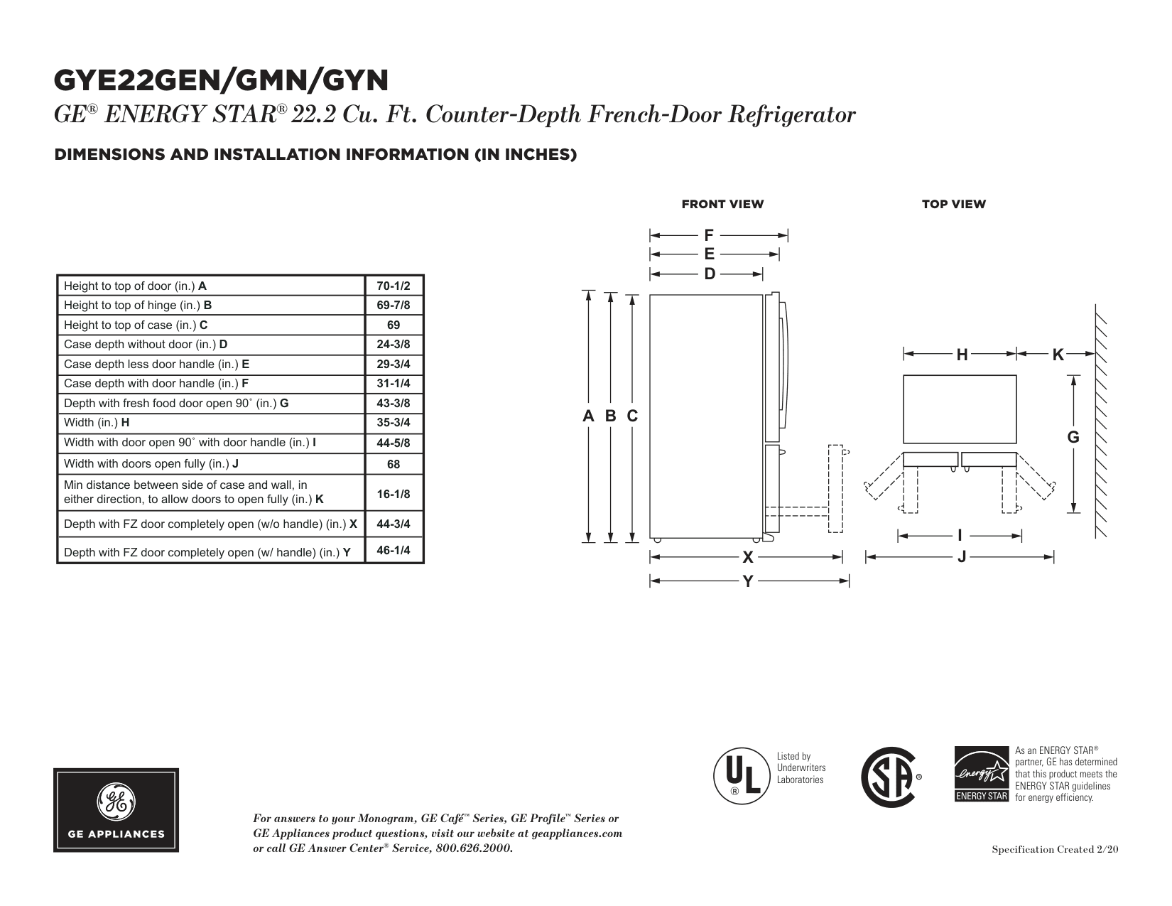 Dimension drawing for the GE GYE22GMNES, from the manufacturer document