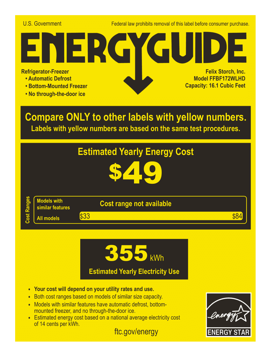 EnergyGuide label for the Summit Appliance FFBF172WLHD, from the manufacturer document