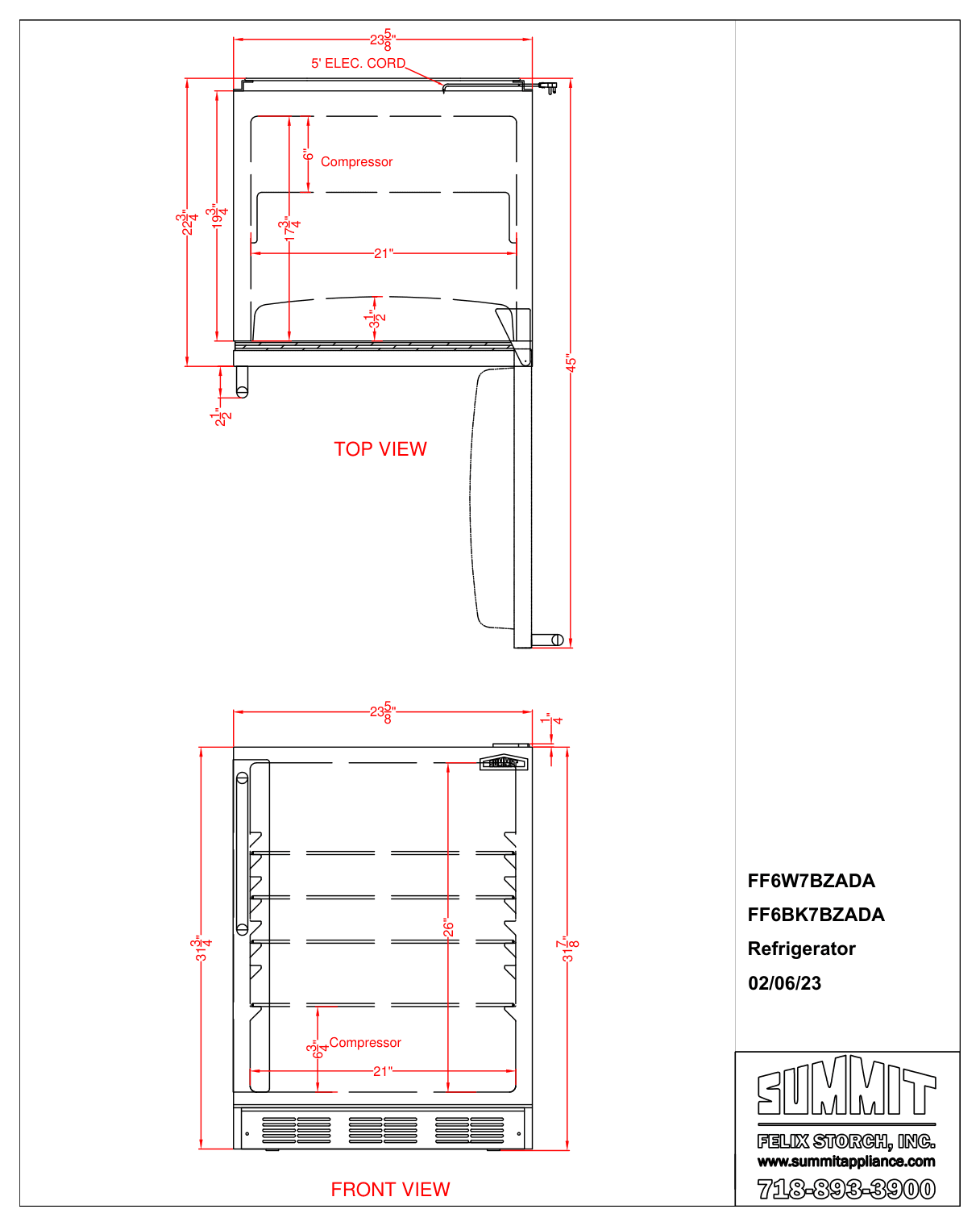 Dimension drawing for the Summit Appliance FF6BK7BZADA, from the owner's manual