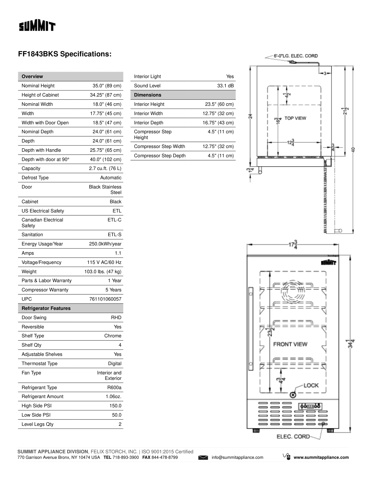 Dimension drawing for the Summit Appliance FF1843BKS, from the spec sheet