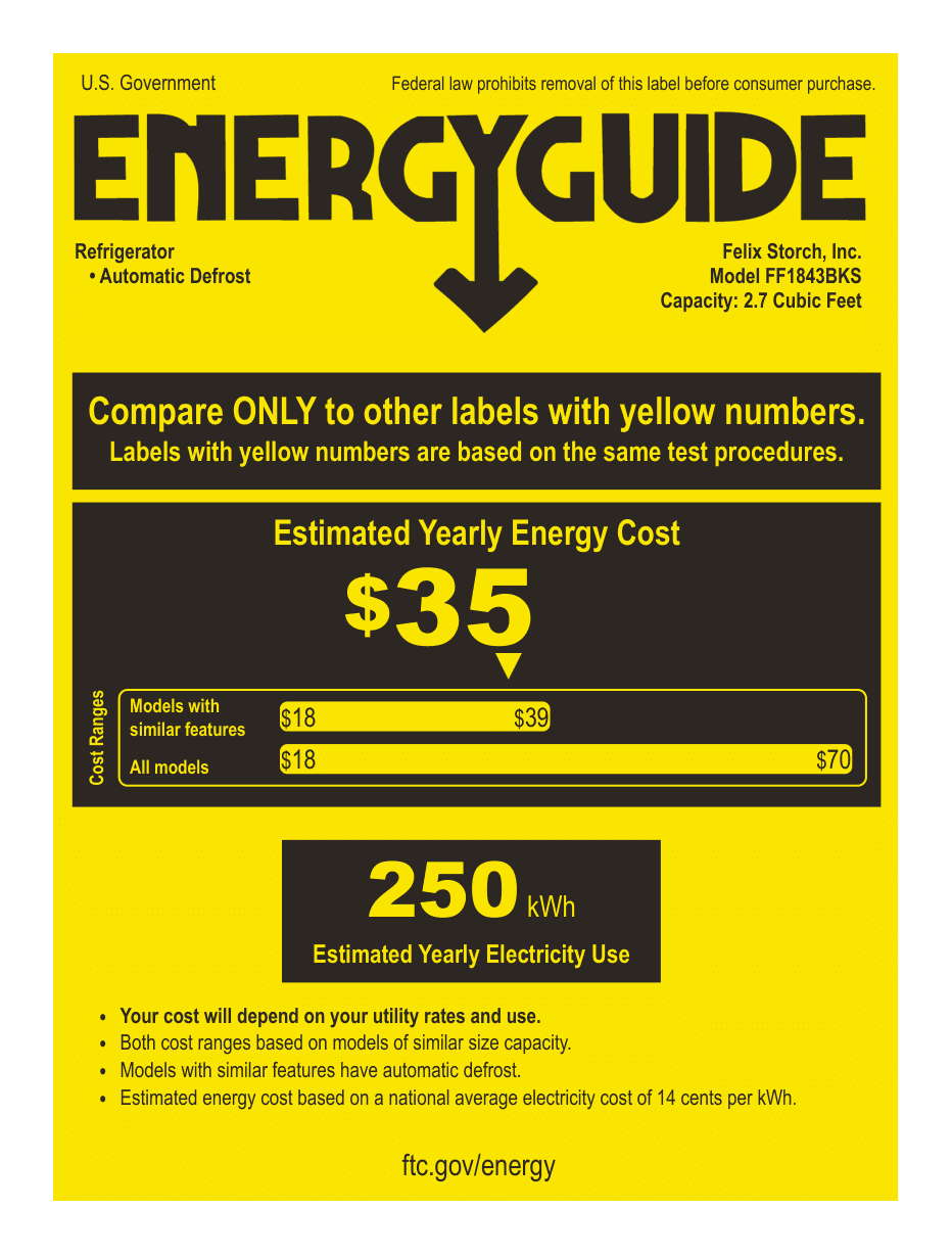 EnergyGuide label for the Summit Appliance FF1843BKS, from the manufacturer document