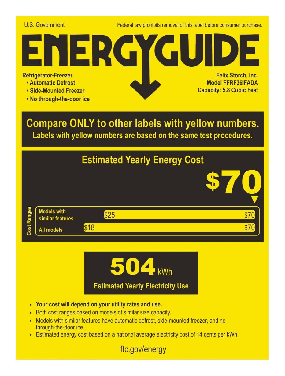 EnergyGuide label for the Summit Appliance FFRF36IFADA, from the manufacturer document