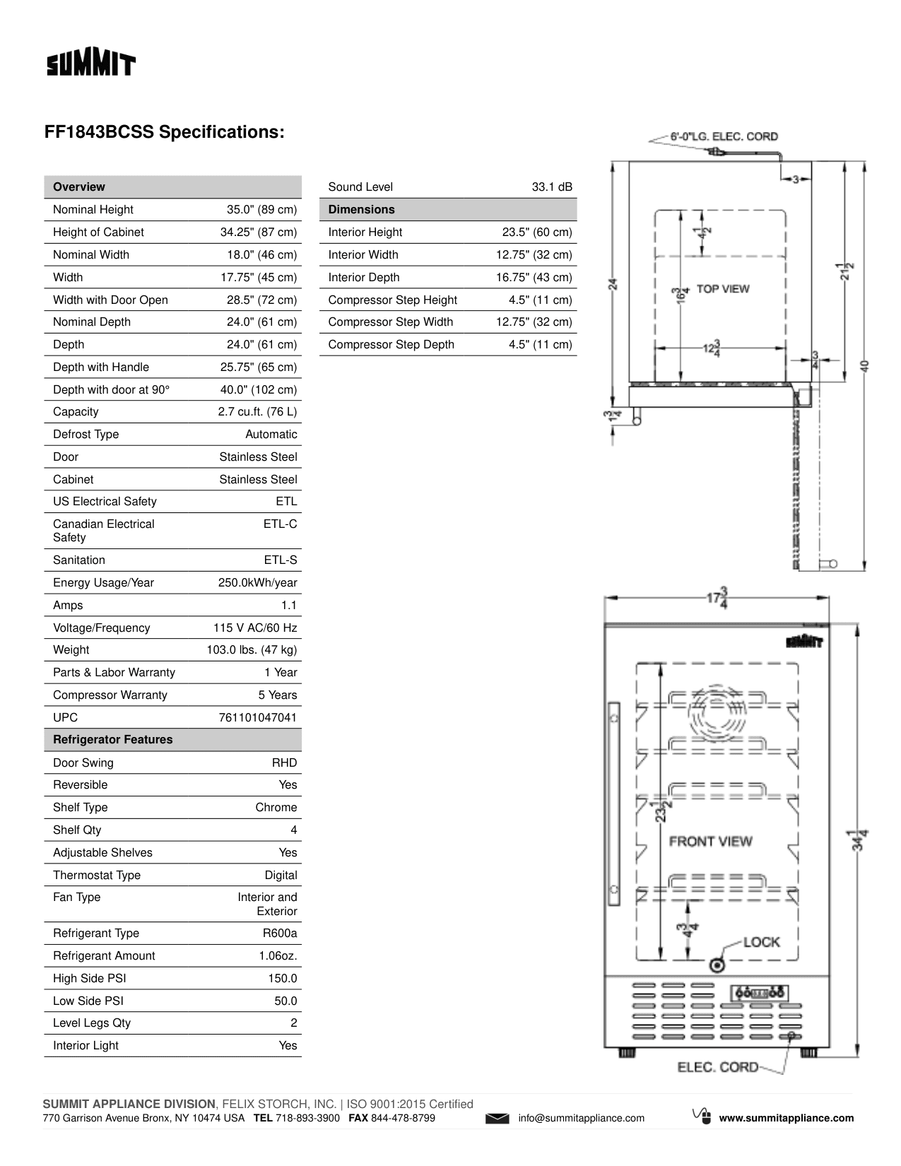 Dimension drawing for the Summit Appliance FF1843BCSS, from the spec sheet