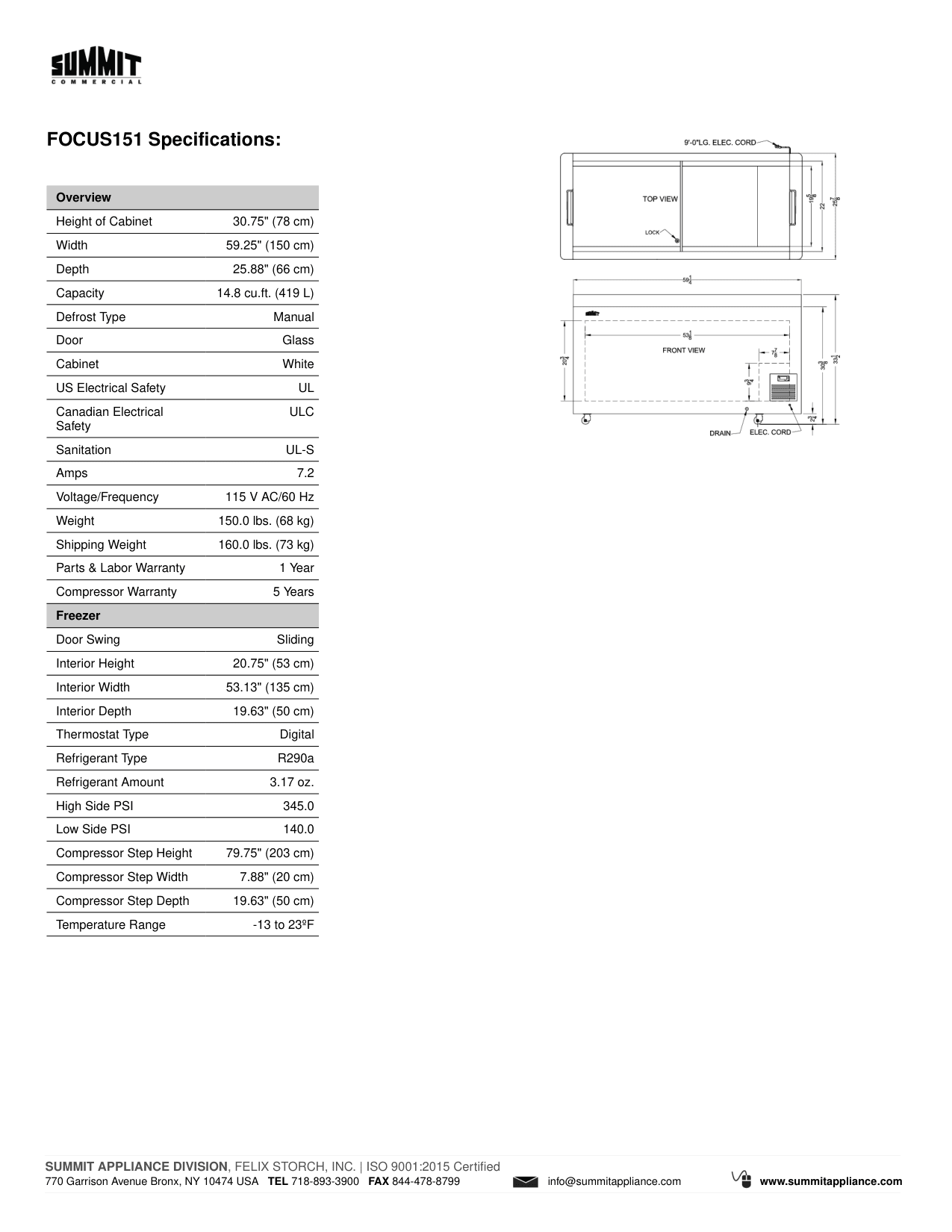 Dimension drawing for the Summit Appliance FOCUS151, from the spec sheet