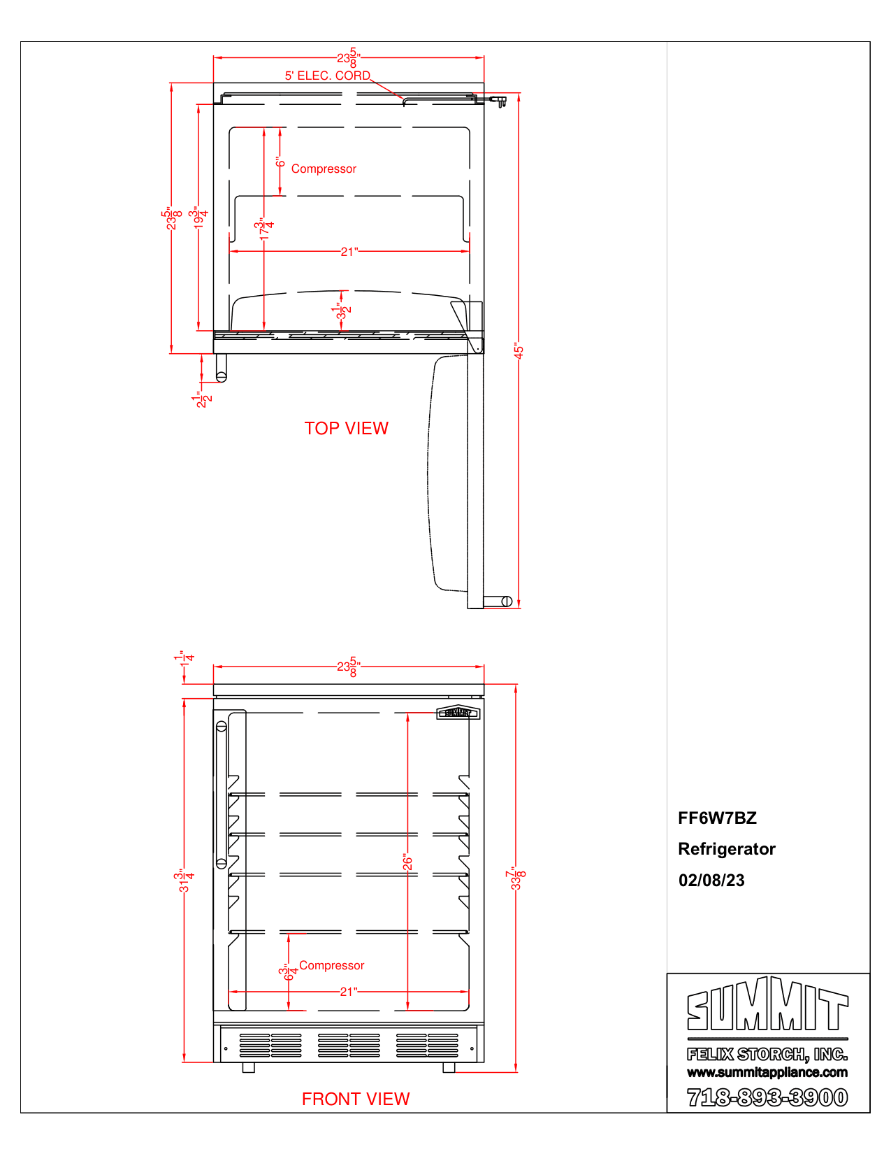 Dimension drawing for the Summit Appliance FF6W7BZ, from the manufacturer document