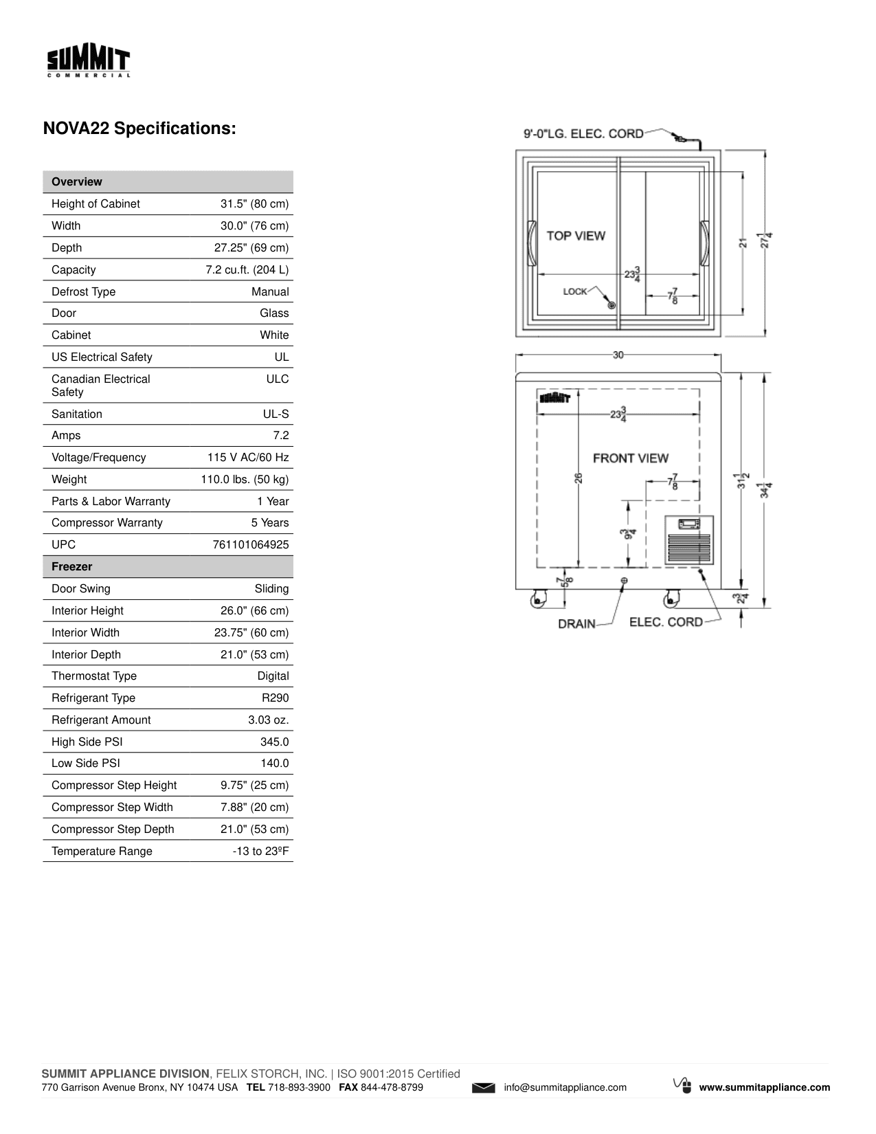 Dimension drawing for the Summit Appliance NOVA22, from the spec sheet