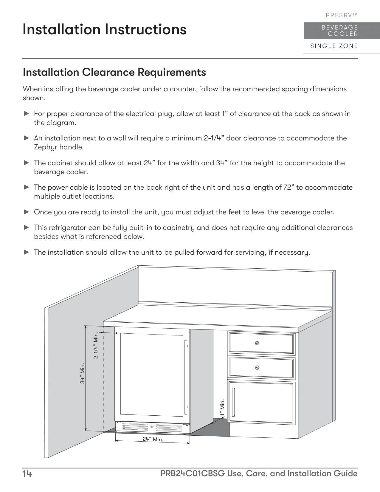 Installation diagram for the Zephyr PRB24C01CBSG, from the owner's manual