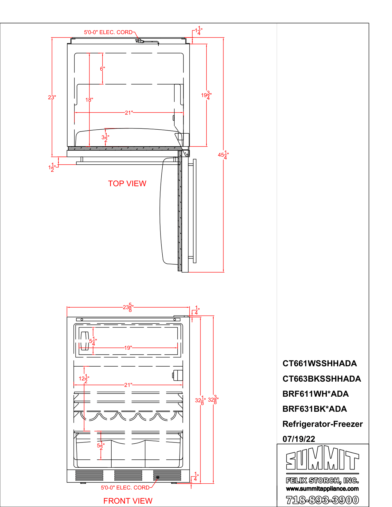Dimension drawing for the Summit Appliance BRF631BKBADA, from the manufacturer document
