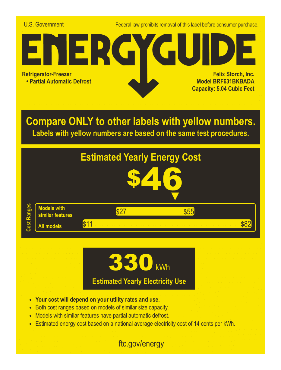 EnergyGuide label for the Summit Appliance BRF631BKBADA, from the manufacturer document