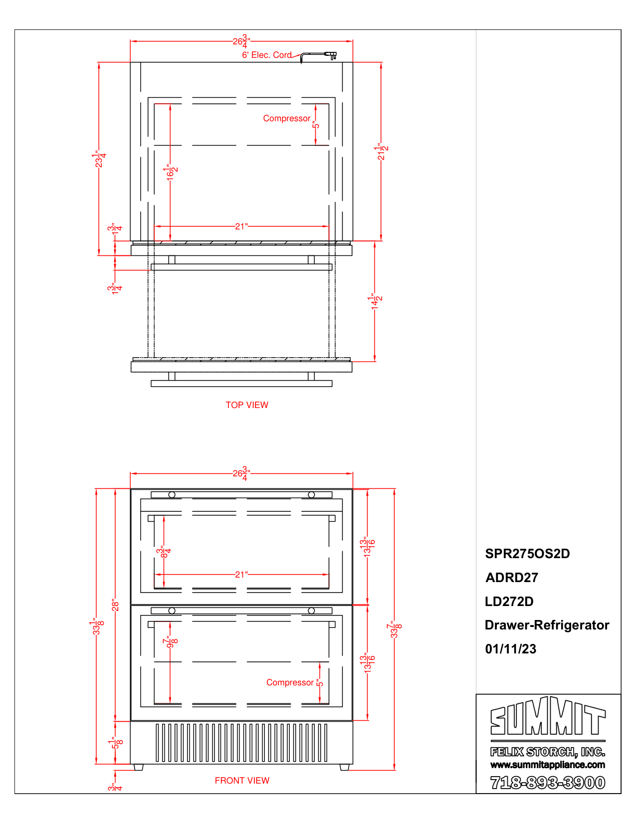 Dimension drawing for the Summit Appliance SPR275OS2DCSS, from the manufacturer document