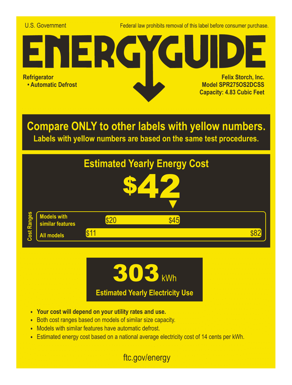 EnergyGuide label for the Summit Appliance SPR275OS2DCSS, from the manufacturer document