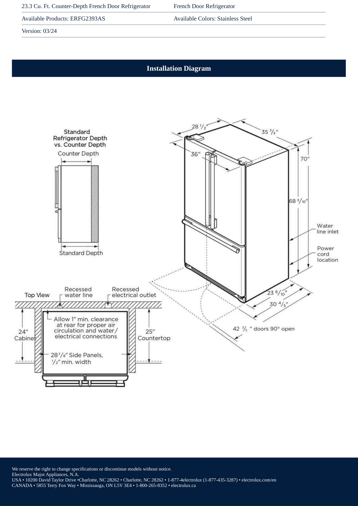Installation diagram for the Electrolux ERFG2393AS, from the spec sheet
