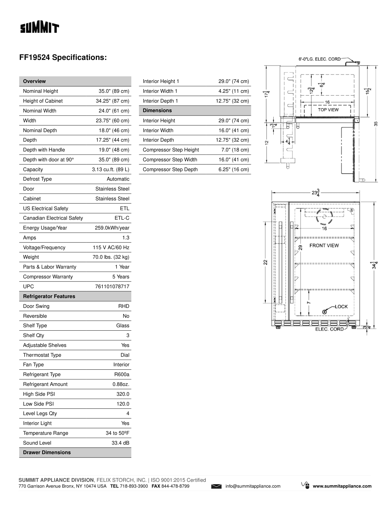 Dimension drawing for the Summit Appliance FF19524, from the spec sheet