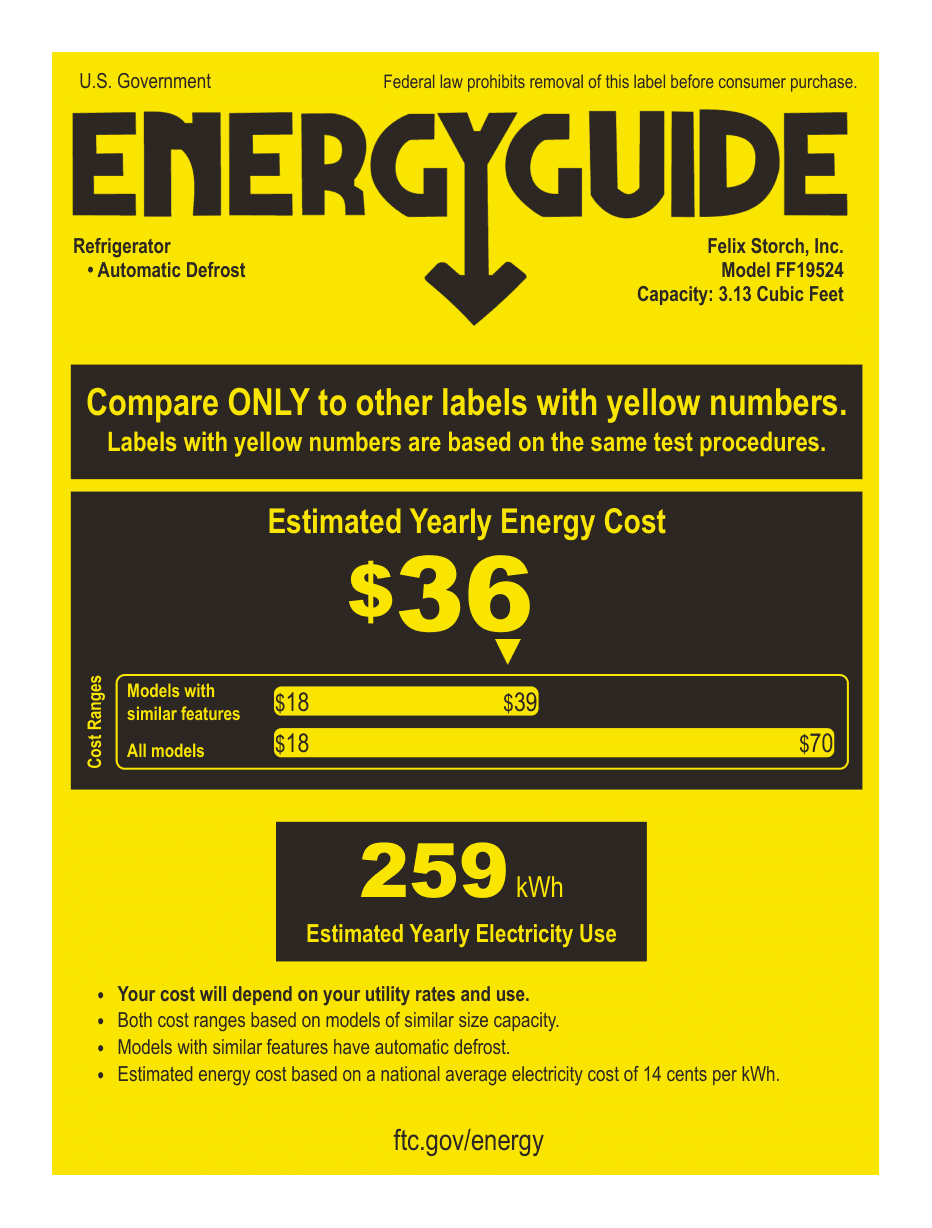 EnergyGuide label for the Summit Appliance FF19524, from the manufacturer document