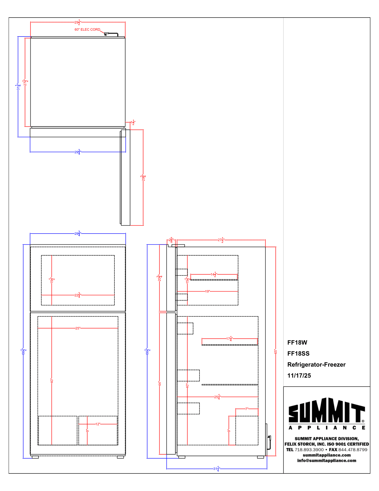 Dimension drawing for the Summit Appliance FF18W, from the manufacturer document