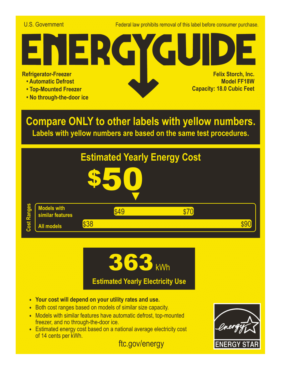EnergyGuide label for the Summit Appliance FF18W, from the manufacturer document
