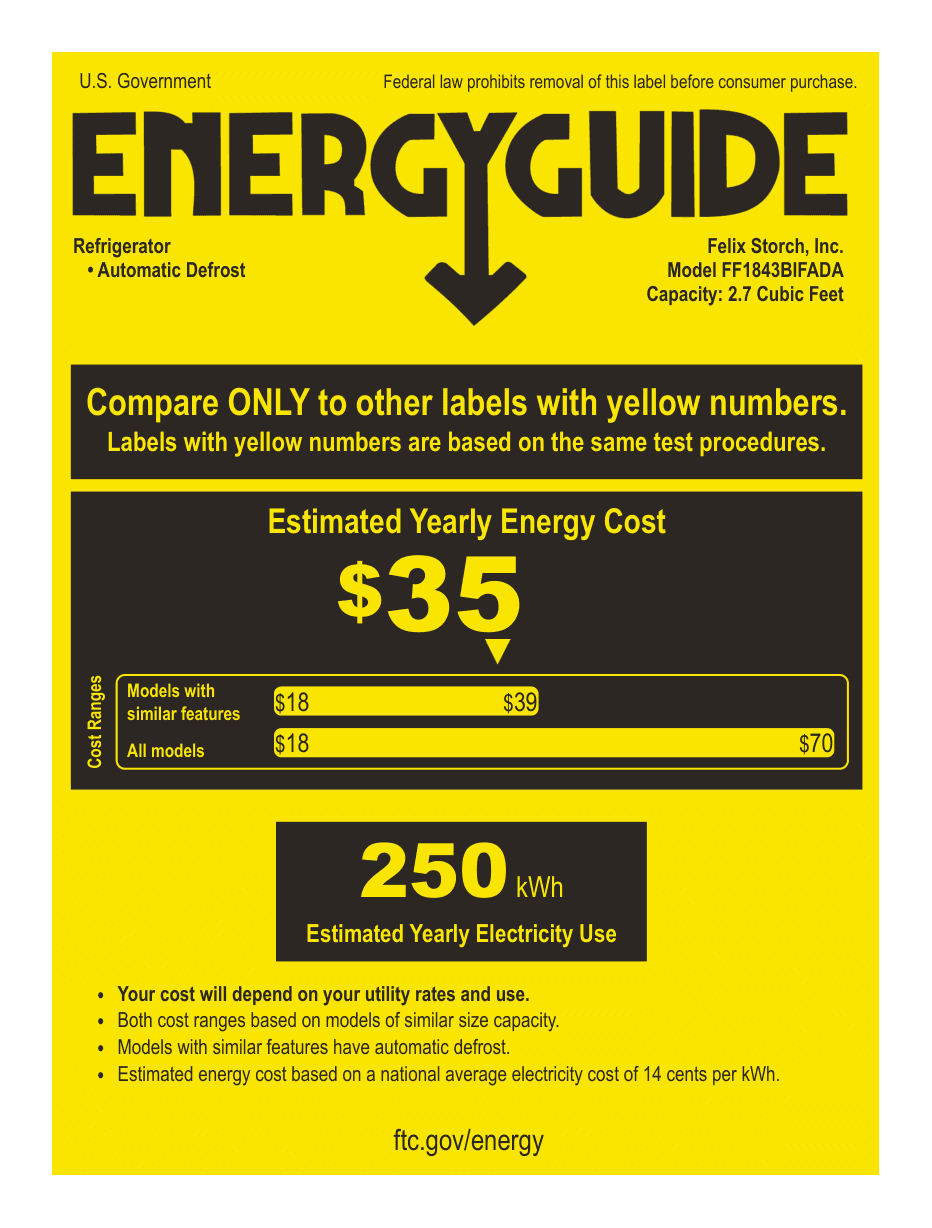 EnergyGuide label for the Summit Appliance FF1843BIFADA, from the manufacturer document