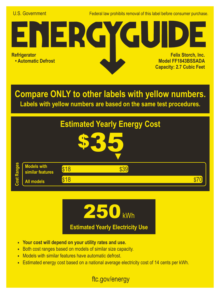 EnergyGuide label for the Summit Appliance FF1843BSSADA, from the owner's manual