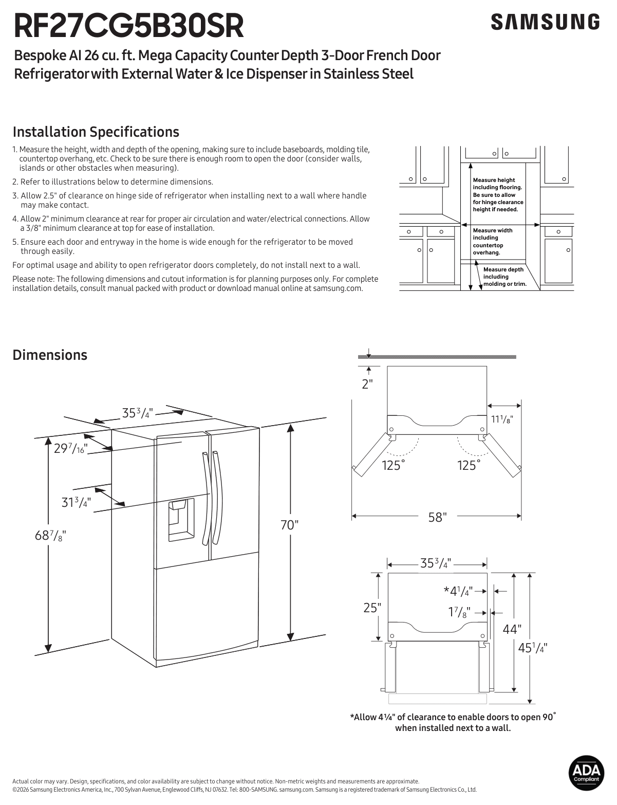 Dimension drawing for the Samsung RF27CG5B30SR, from the owner's manual