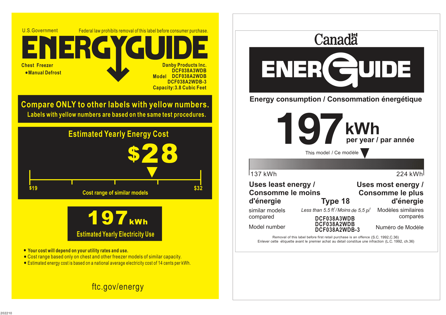 EnergyGuide label for the Danby DCF038A2WDB, from the manufacturer document