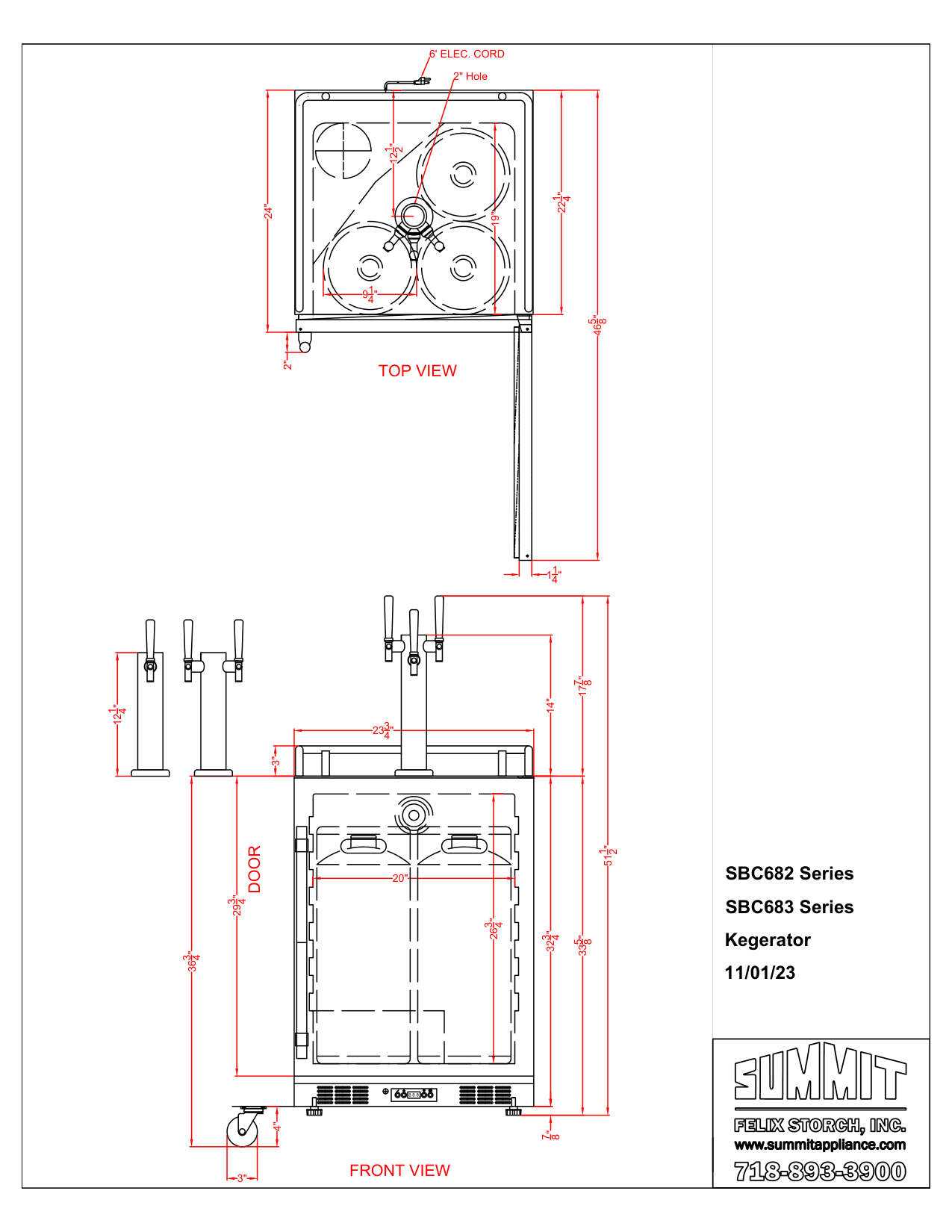 Dimension drawing for the Summit Appliance SBC683OSTWINCFB, from the manufacturer document