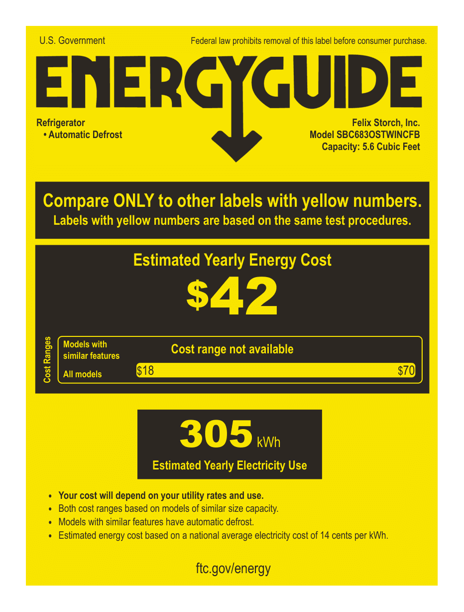EnergyGuide label for the Summit Appliance SBC683OSTWINCFB, from the manufacturer document